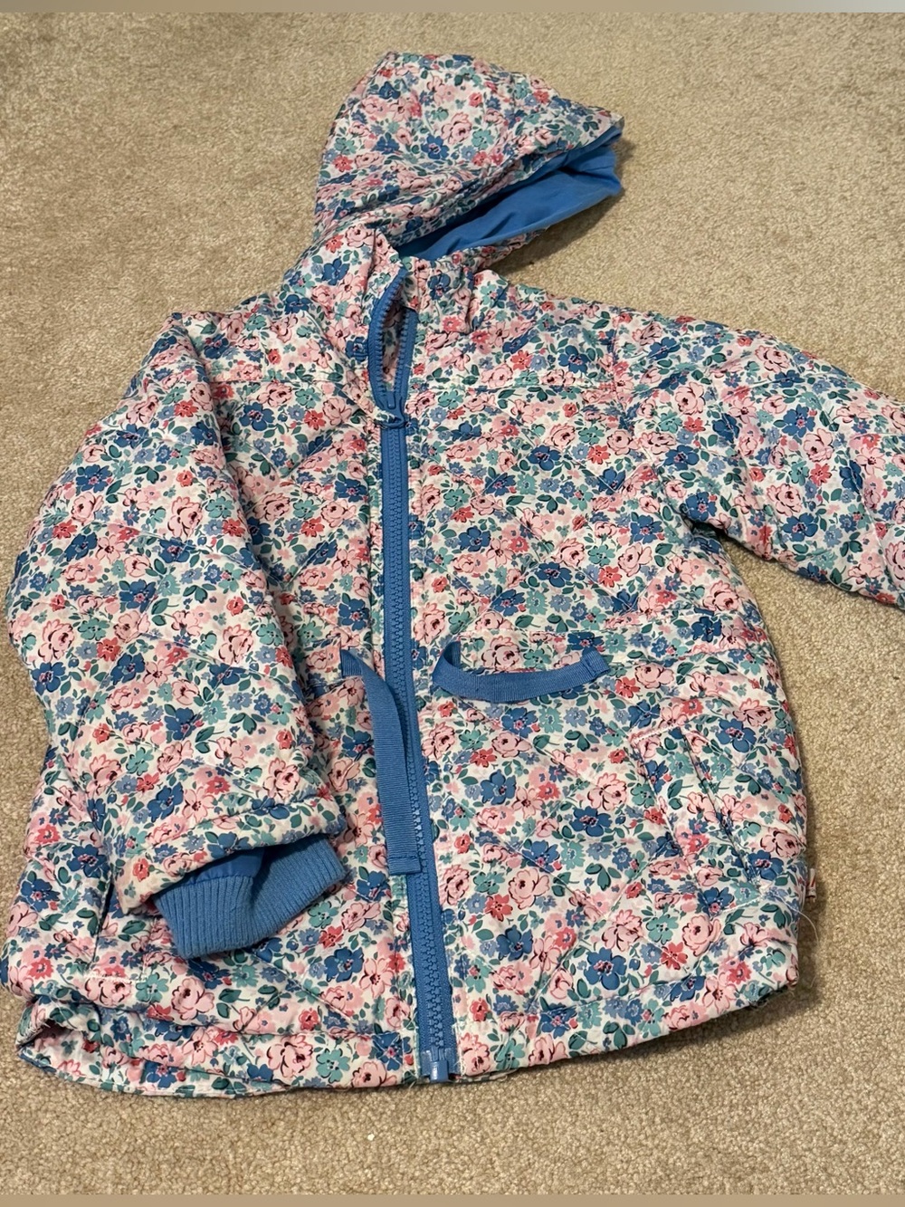 Cath Kids Floral Puffer Jacket with Hood - Blue & Pink